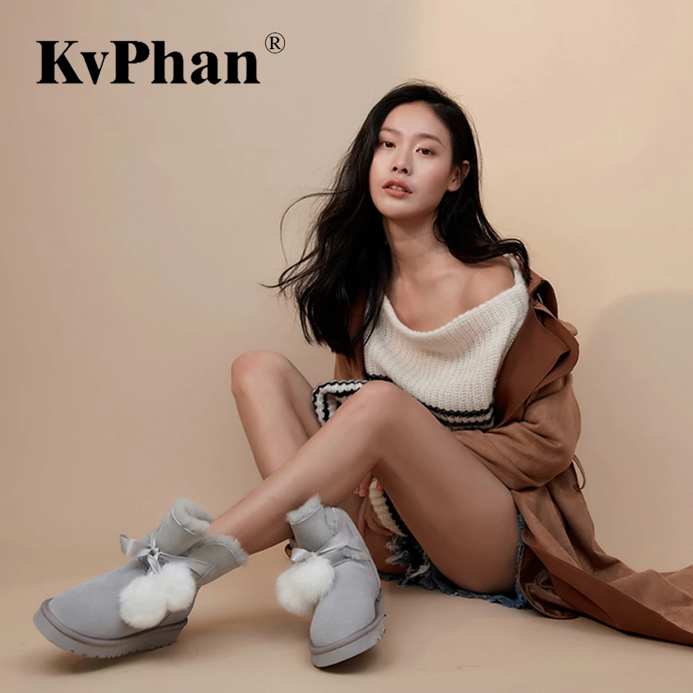 

KvPhan Fashion Sheepskin Leather Fur Lined Black Women Winter Warm Snow Boots Pom-pom Brown Style Ankle Winter Shoes For Girls