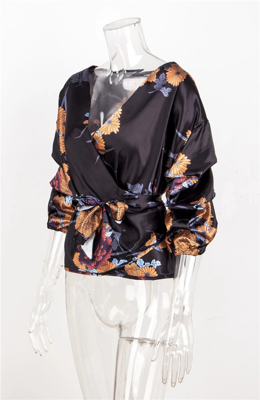 Elegant Women Spring Summer Shirts Boho Style Floral Print Chiffon Tops Blouse V-neck Belt-Bow Shirt Fashion Women's clothing (25)