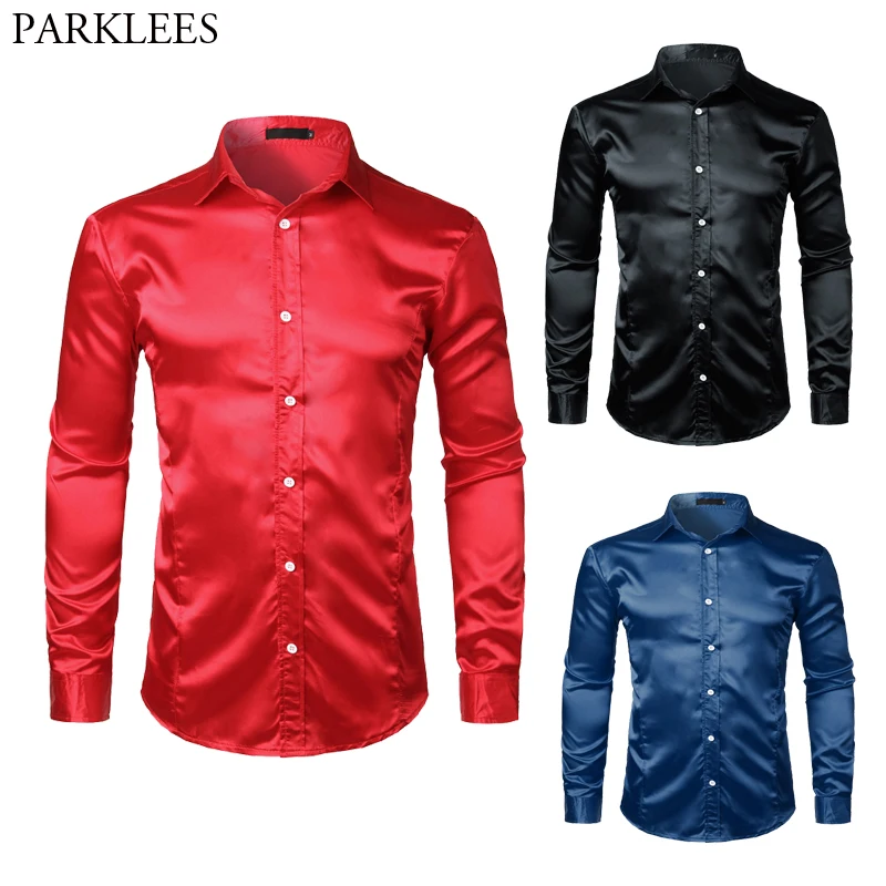 Red Slim Fit Silk Dress Shirt Men 2019 Satin Smooth Men Wedding Groom ...