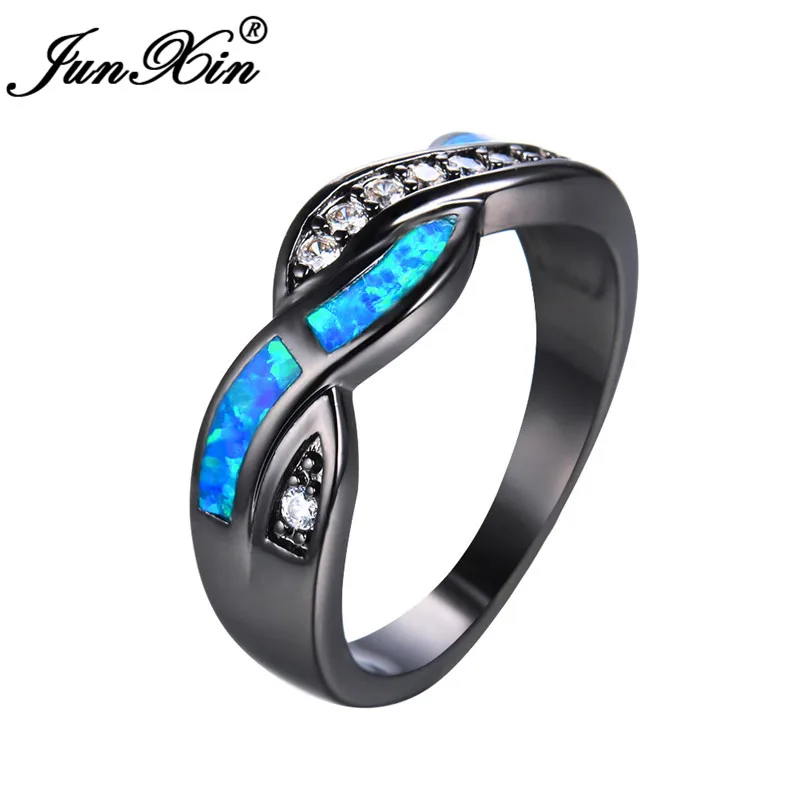 JUNXIN Male Female Blue/White Fire Opal Rings For Women Men 925 Silver Black Gold Filled Wave Cross Ring Zircon Wedding Jewelry