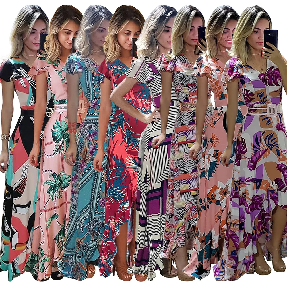 

2019 Print Elegant Mermaid Dress Women Front High Split Cut Out Bandage Long Dress Vintage Off Shoulder Party Beach Dress