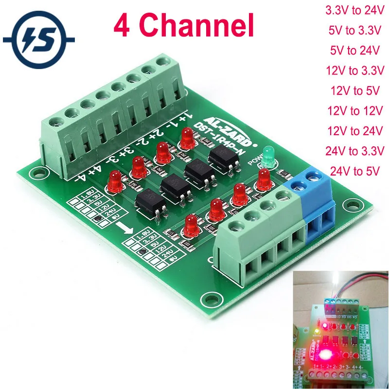 

24V to 5V/12V to 24V/5V to 24V 4 Channel Optocoupler Isolation Board Isolated Module PLC Signal Level Voltage Converter Board