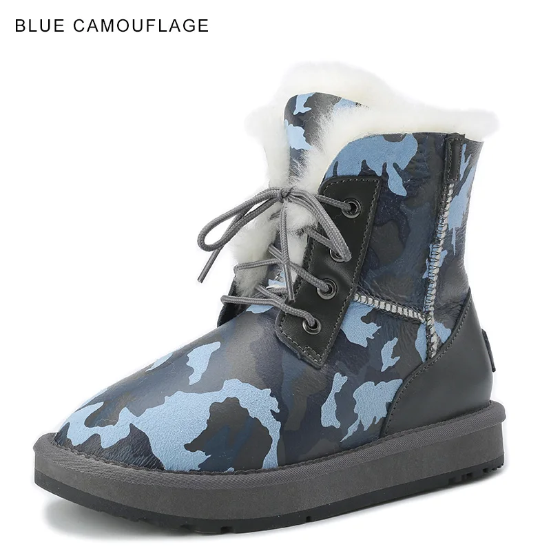INOE Модные женские повседневные Зимние ботильоны из натуральной овечьей кожи с меховой подкладкой обувь для отдыха удобные зимние полуботинки на плоской нескользящей подошве на шнуровке цвет синий, зеленый, камуфляж - Цвет: Blue Camouflage