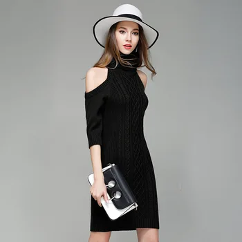

2019 Spring Autumn Winter Women's Dress Half Sleeve Pure Color Sexy Strapless High Neck Knit Mini Dress Female