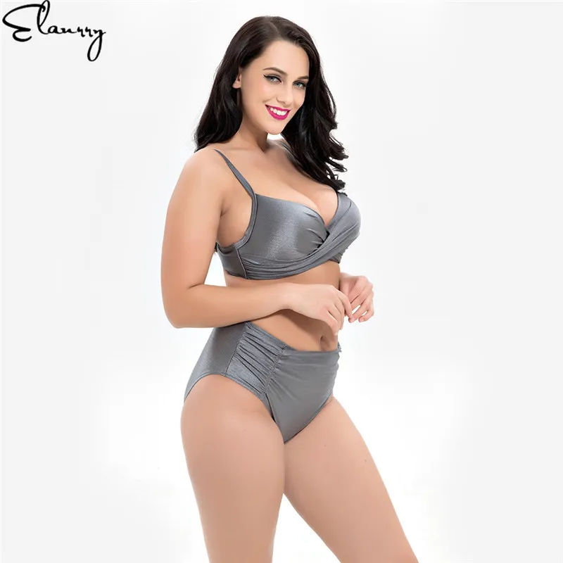 Women Plus Size Bikini Set High Waisted Sexy Solid Swimsuit Push Up Big Chest Swimwear Ladies Summer Bathing Suit 2018 Mujer