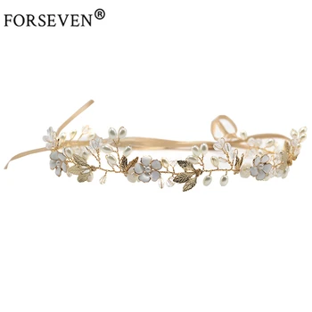 

FORSEVEN High Quality Gold Crystal Pearl Headband For Bride Hair Accessories Flower Head Piece Handmade Wedding Hair Jewelry