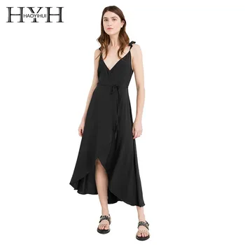 

HYH Haoyihui Femme Summer Stylish Sexy Simple Black Ruffles Spaghetti Strap Lotus Leaf Edge Sling Wrapped Arc High Low Dress