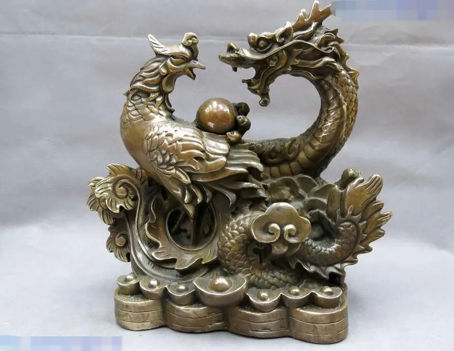 

11" China brass copper carved feng shui lucky dragon phoenix sculpture Statue