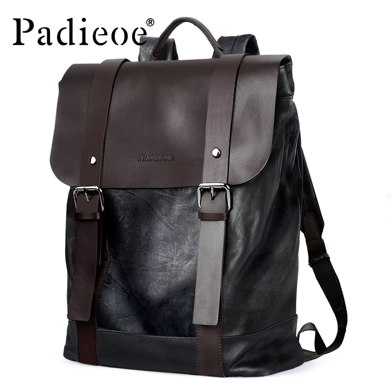 

Hot Sale Padieoe Men's High Quality Cow Split Leather Backpack Fashion Vintage College Backpacks Male Travel Laptop Bookbags