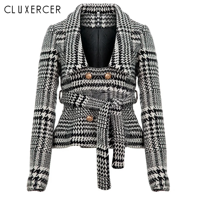 Women plaid notched collar tweed blazer double breasted pockets tassel hem female loose casual outwear chic tops Women plaid notched collar tweed blazer double breasted pockets tassel hem female loose casual outwear chic tops
