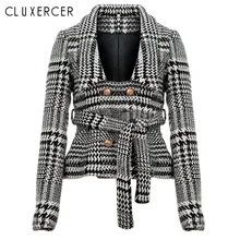 Women plaid notched collar tweed blazer double breasted pockets tassel hem female loose casual outwear chic tops Women plaid notched collar tweed blazer double breasted pockets tassel hem female loose casual outwear chic tops