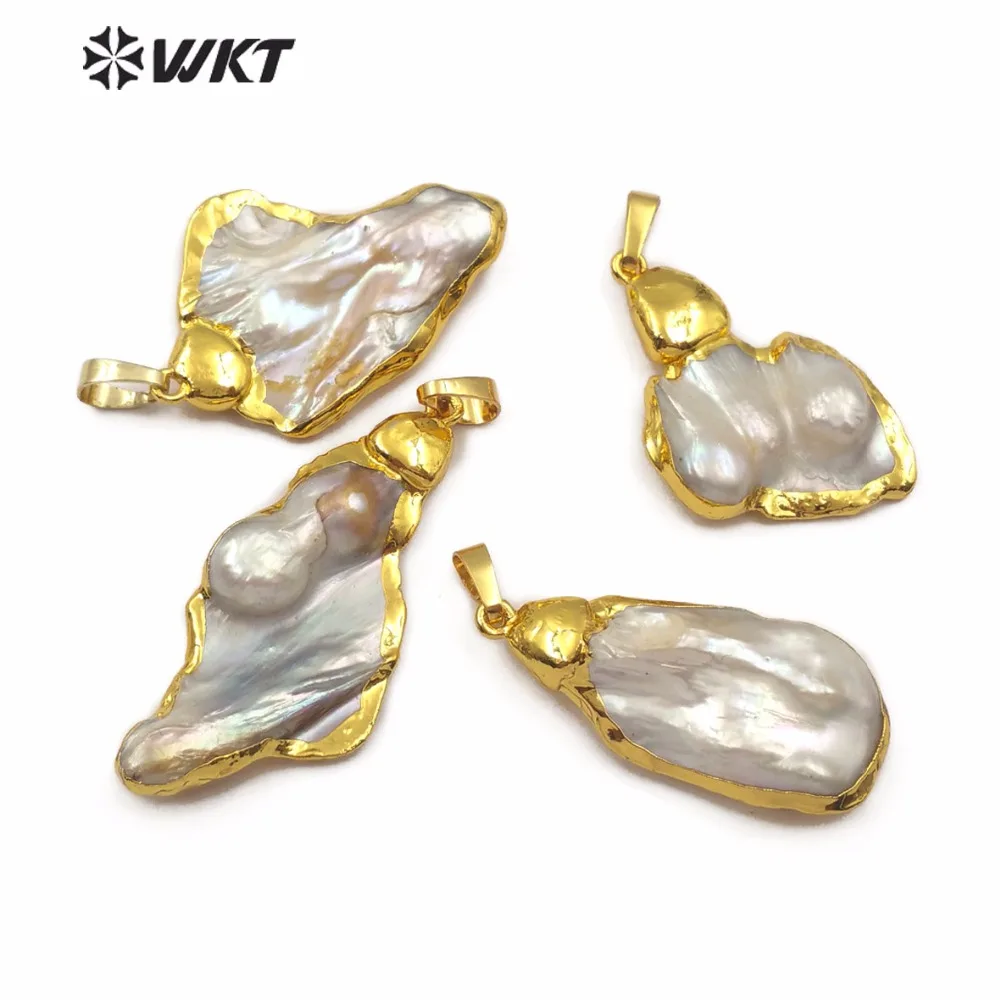 

WT-JP104 WKT Natural Irregular Shape Bohemian Style Freshwater Pearl Pendant Random Size Lady Gold Wrap Pendant for Gift