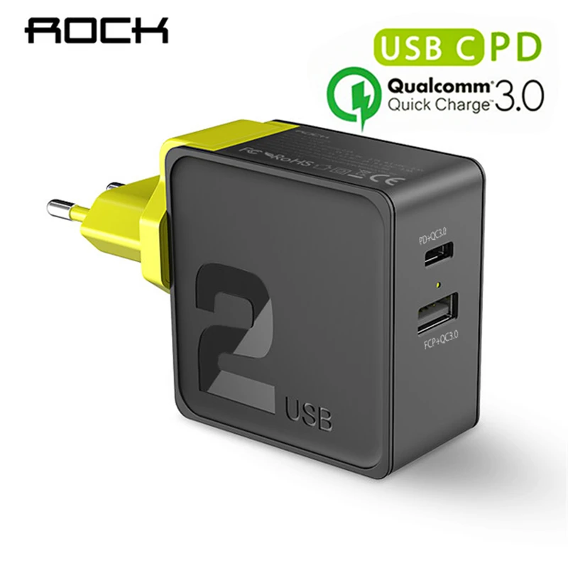 ROCK PD QC 3,0 быстрое зарядное устройство 36 Вт для iPhone X 8 samsung S9 type-C дорожный настенный телефон адаптер + PD type C для осветительного кабеля