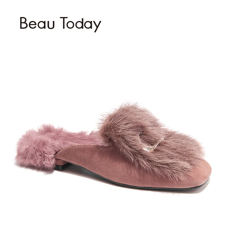 

BeauToday Fur Mules Women Genuine Leather Luxury Mink Hair Pumps Open Heel Square Toe Top Brand Shoes Handmade 24006