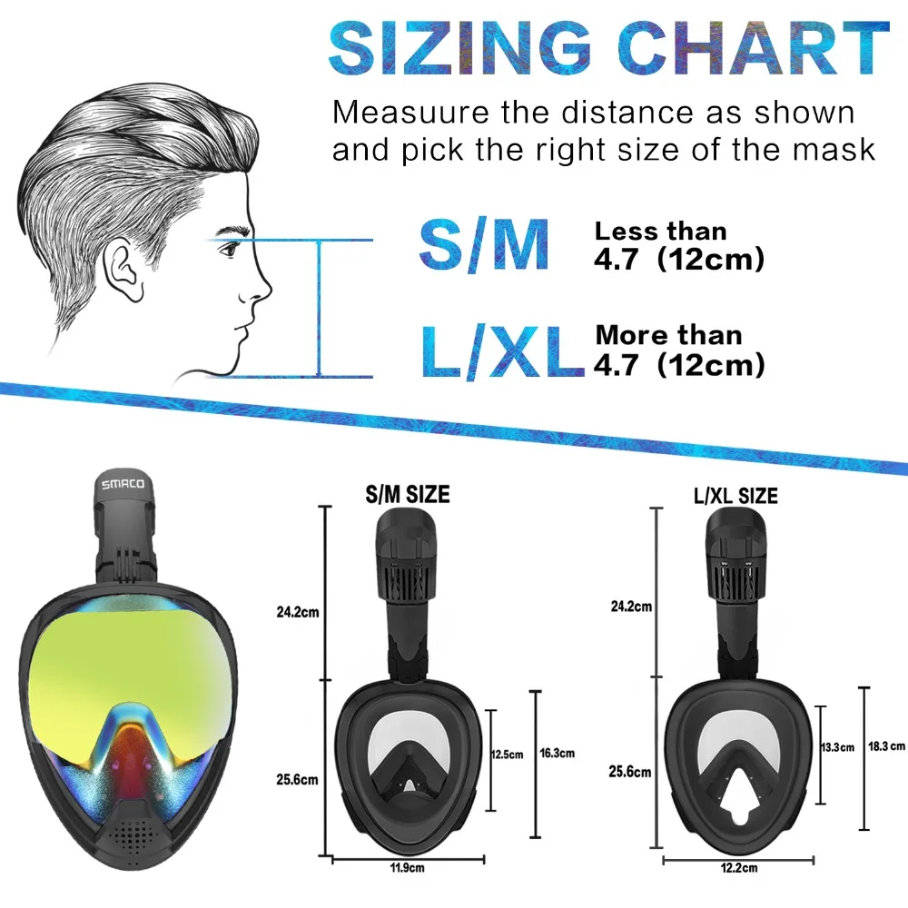 Маска для сноркеля SMACO для всего лица с защитой от ультрафиолета и тумана съемное крепление для камеры панорамный вид на 180 градусов