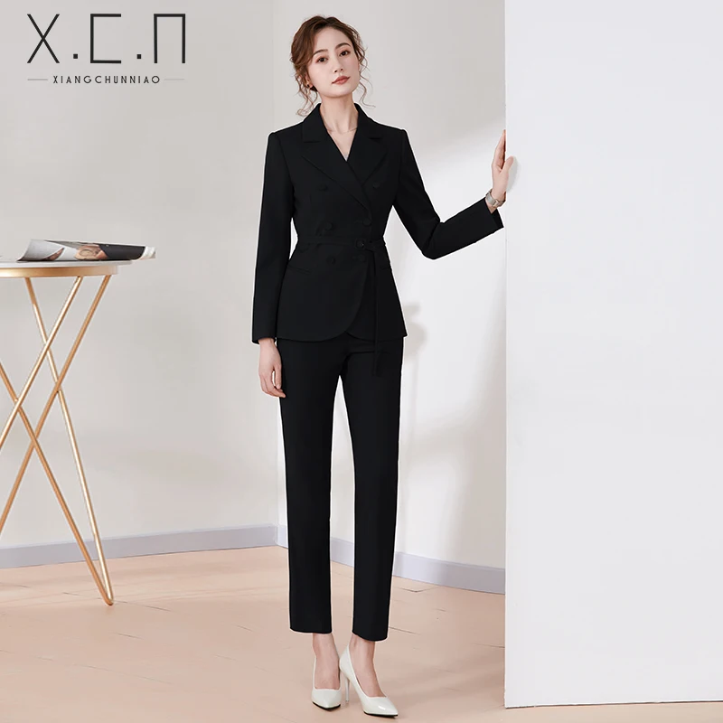 Pièce Les Double Blue Lx2616 Manches coffee Pantalons Hot blue Wear Blazer Ensemble dark Lady Pour Costumes Work Nouveau Boutonnage Survêtement Femmes Longues black Pink 2 2019 nzYqZUvx