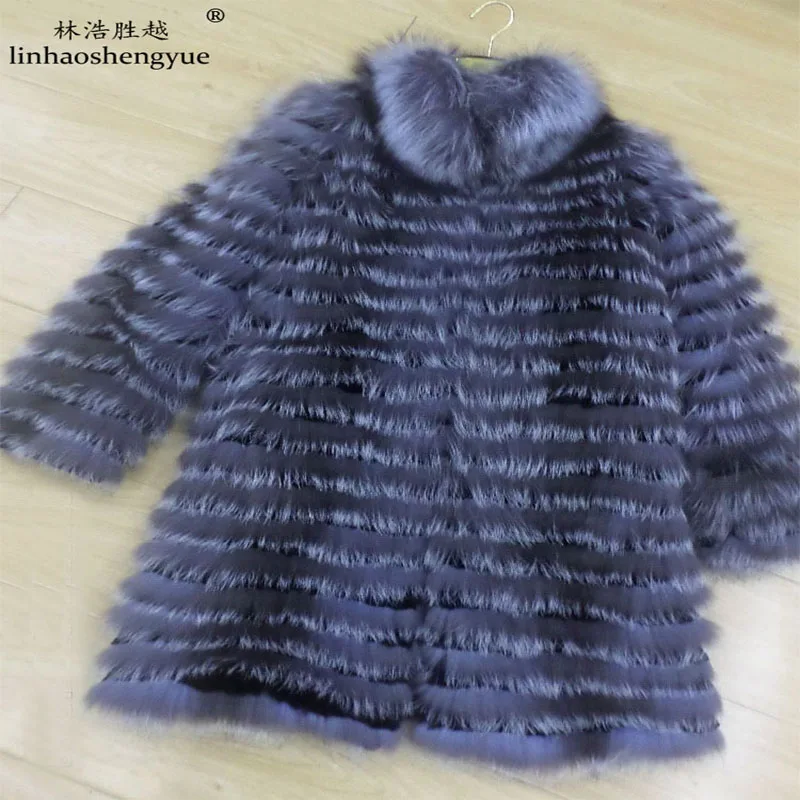 

Linhaoshengyue real Silver fox fur coat length 80CM with collar