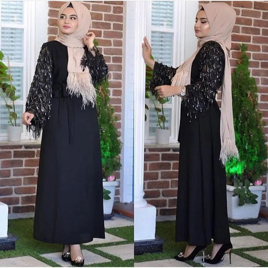Abaya Women Muslim Dress Tassel Sequin Dubai Kaftan Long Party Gown Robe Jilbab Islamic Clothing Oman Turkish Arab Hijab Dress - Цвет: Черный