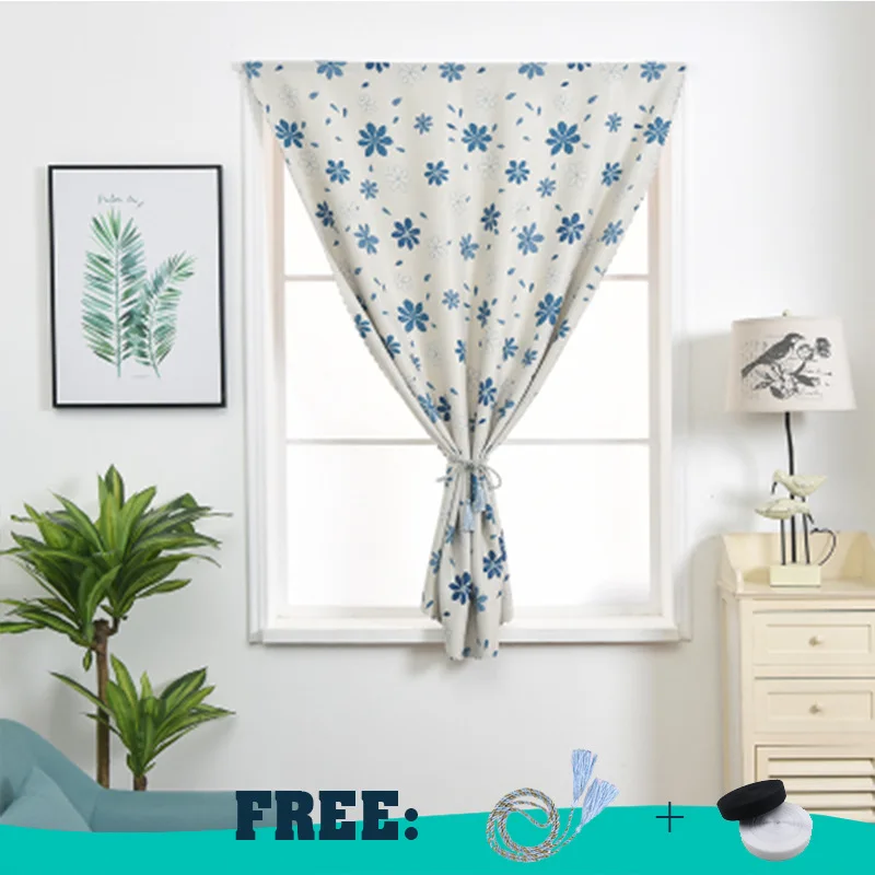 

Velcro curtain blue small floral Korean style curtain shade 70% insulated window screen free punch curtains tapestry