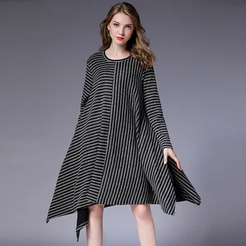 

XL-4XL Free ship Fall dress loose fit long sleeves stripe midi dress irregular asymmetrical vestidos big bottom jurken plus size