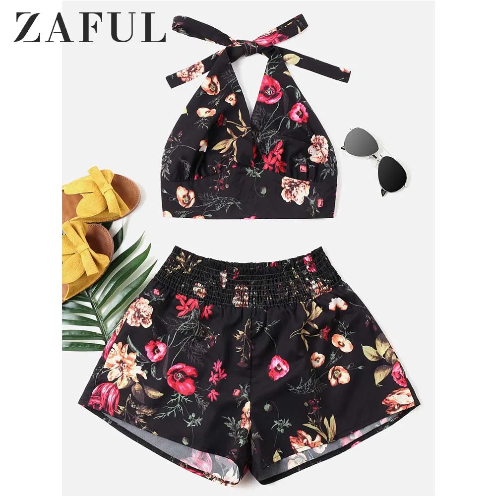 ZAFUL Холет из двух частей для женщины цветочный без рукавов топ эластичный пояс
