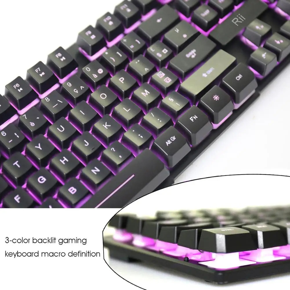  Rii RK100 3-Color LED USB Wired French(Azerty) Gaming Keyboard Mechanical-feeling (REDBlue Purple)