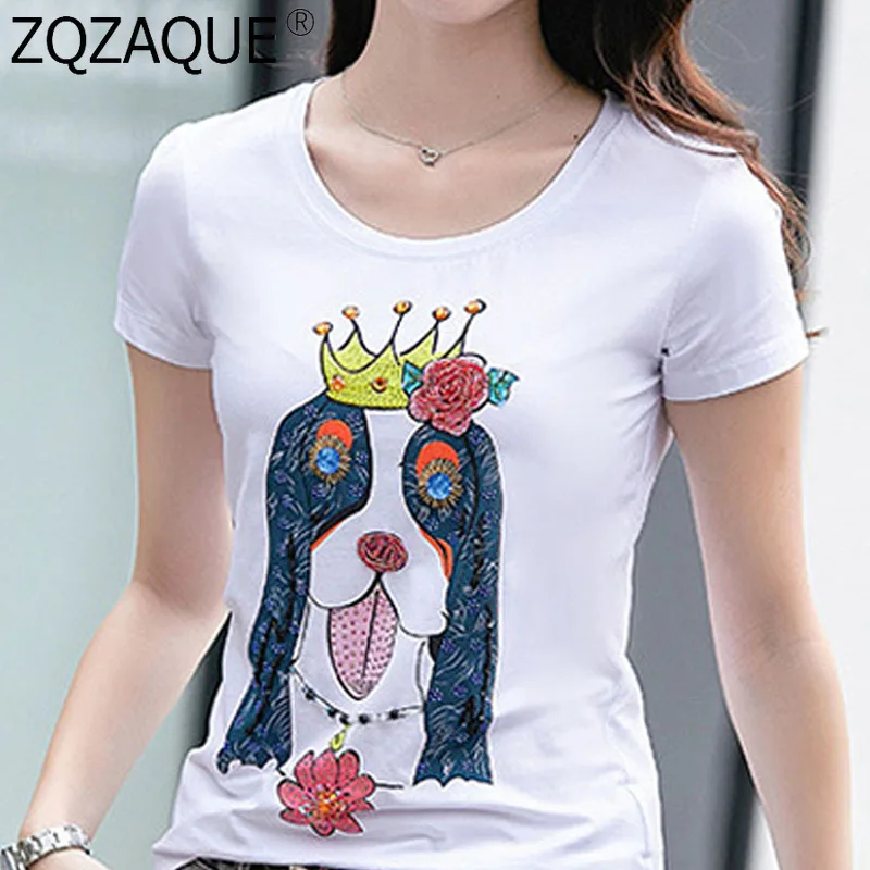 

Women's Cotton Slim T-shirts Girl O Neck Tops Dog Pattern Short Sleeve T Shirts Luxury Beading Diamonds Bottom Cool Top 4XL Size