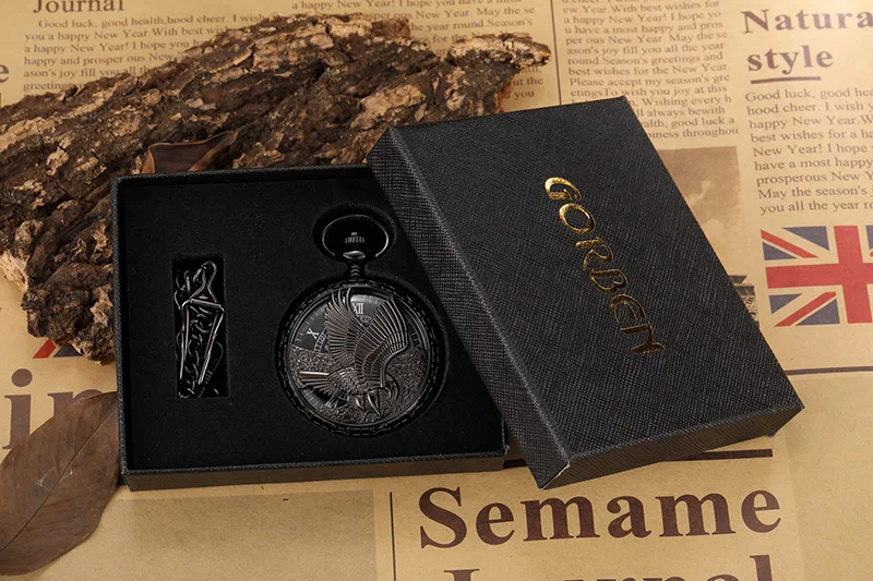 Стимпанк Черный Механические карманные часы большой орел Винтаж Скелет карман и брелок часы Для мужчин женские полые кулон часы коробка