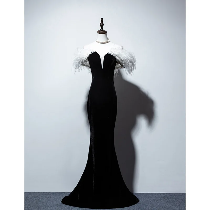 New Ostrich feather Black Velvet Off The Shoulder Mermaid Long Vestidos De Festa Lace Up Celebrity Evening Party Dresses