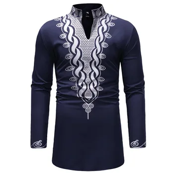

African men's V-neck stand collar casual long-sleeved shirt bottoming long coat casual high street wild shirt unique design