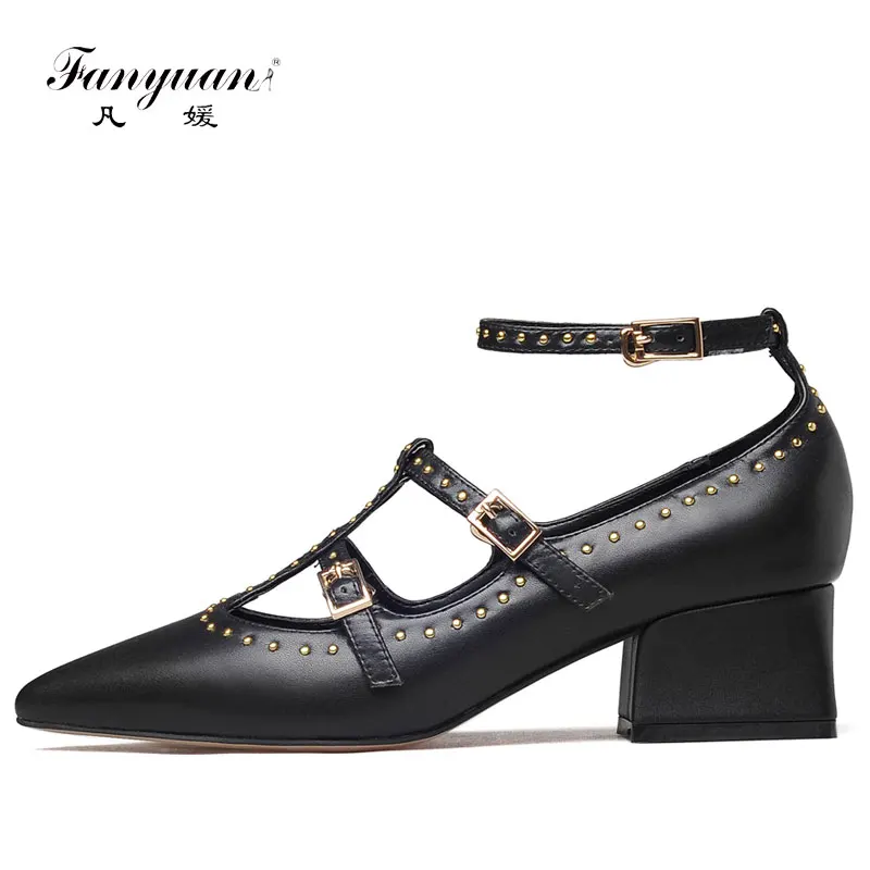 

2017 Spring New Women Pumps Genuine Leather Fashion Pointed Toe Buckle Ankle Strap Punk Rivet Female Shoes Hot Sale Size 32-43