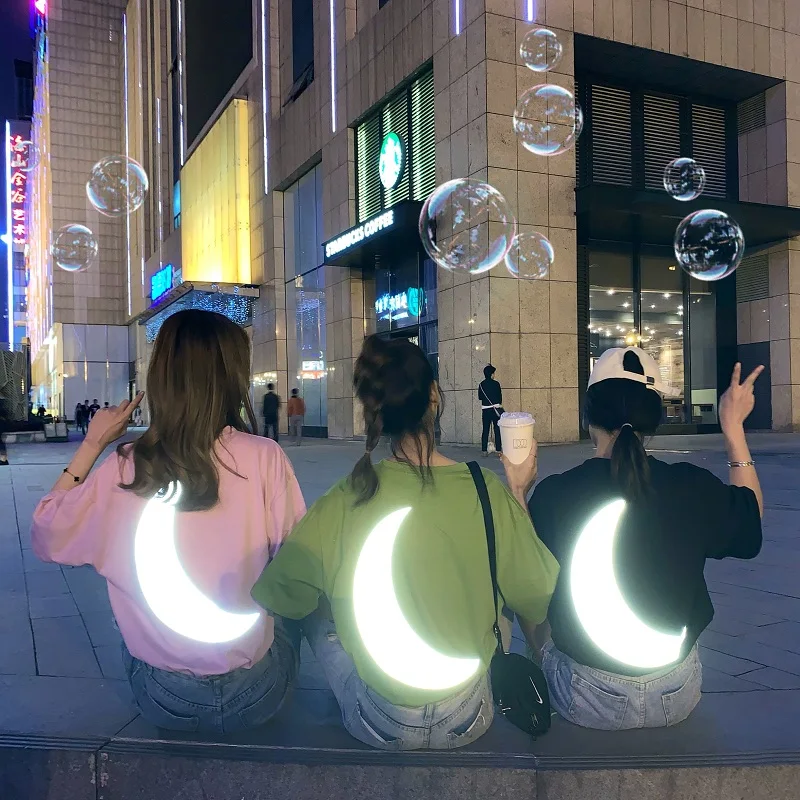 

Reflective Printed T-shirt, 2019 Sexy, BFF Moon Fluorescent Short Sleeve
