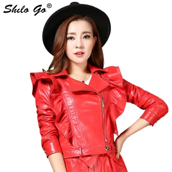 

SHILO GO Leather Jacket Womens Spring Fashion sheepskin genuine leather Coat lapel ruffles shoulder zipper red locomotive coat