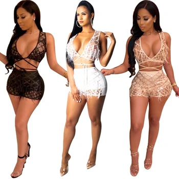 

Pearls Feather Plaid Sequins Sexy Two Piece Set Women Night Club Costume Deep V Neck Sleeveless Crop Top + Shorts Outfit
