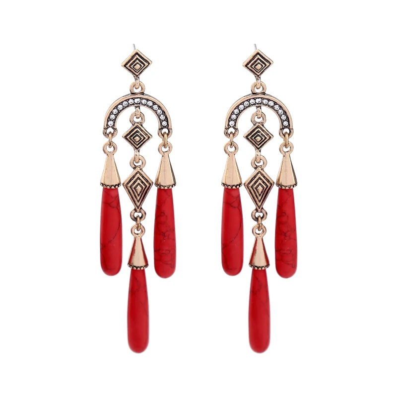 Red Drop Synthetic Stone Geometric Vintage Earrings Women Long Hanging