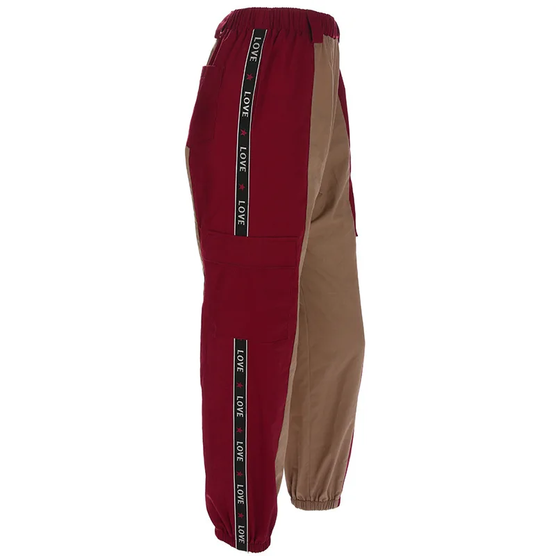 Хлопковые брюки-карго в стиле панк-рок со вставками, женские спортивные штаны для бега, уличные брюки с высокой талией, брюки Харадзюку для женщин - Цвет: Красный