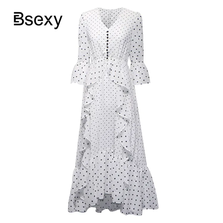 Boho шикарное женское белое платье в горошек 2019 модное v образный вырез рукава