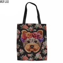 Женские льняные сумки многоразовая хозяйственная сумка тканевая сумка-шоппер цветочный Йоркширский терьер Мопс сумка на плечо для девочек