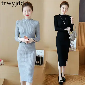 

2020 New Autumn Winter Women's Long Slit Sweater Dress Casual Slim Solid Color Knit Dress Female Vestidos N102