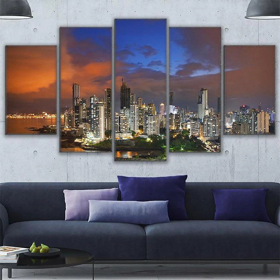 Canvas-Painting-For-Living-Room-Wall-Art-Frame-5-Pieces-City-Nightsky-Sunset-Landscape-Poster-Home