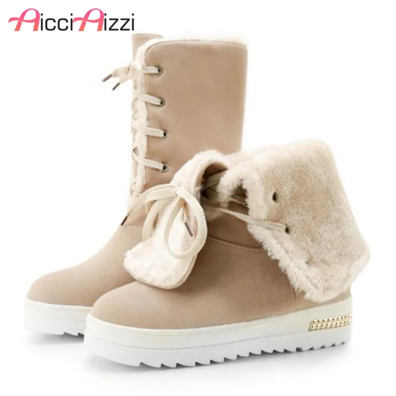 

AicciAizzi Women Snow Boots Wedges Shoes Lace Up Winter Platform Shoes Women Warm Plush Fur Snow Waterproof Shoes Size 34-44