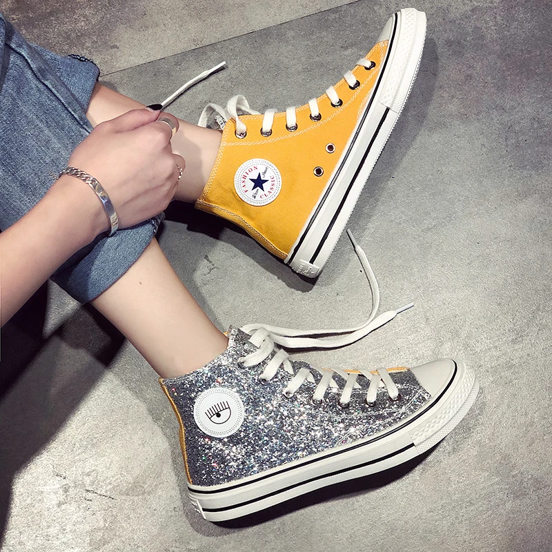 

Women Walking Shoes Ulzza Harajuku Sneakers Sequin Canvas vulcanized shoes Student Baskets Femme leisure 2019 zapatillas mujer