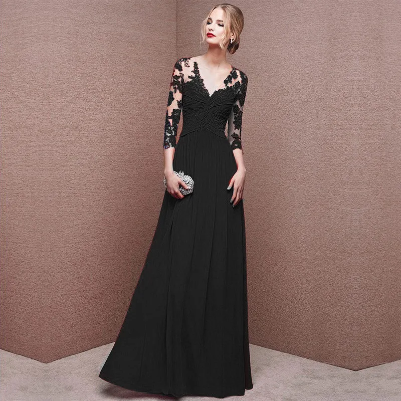 

V-Neck Chiffon And Lace Embroidery Dress A-Line With Appliques Long Train Evening Gown Three Quarter Plus Size Dress One-piece