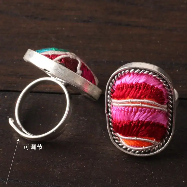 

5PC New National style Embroidery rings Miao silver plated ethnic cotton jewelry creative personality fashion colorful ring