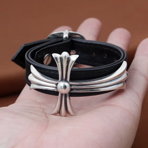 

S925 Sterling Silver Jewelry Fashion Personality Retro Thai Silver Real Leather Cross Army Flower Bracelet&Bracelet Homme