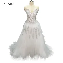 Real Picture Sexy Halter A-Line Tiered Crystal Beaded Wedding Dresses 2016 Open Back Bridal Gown Wedding Party Dress FW17