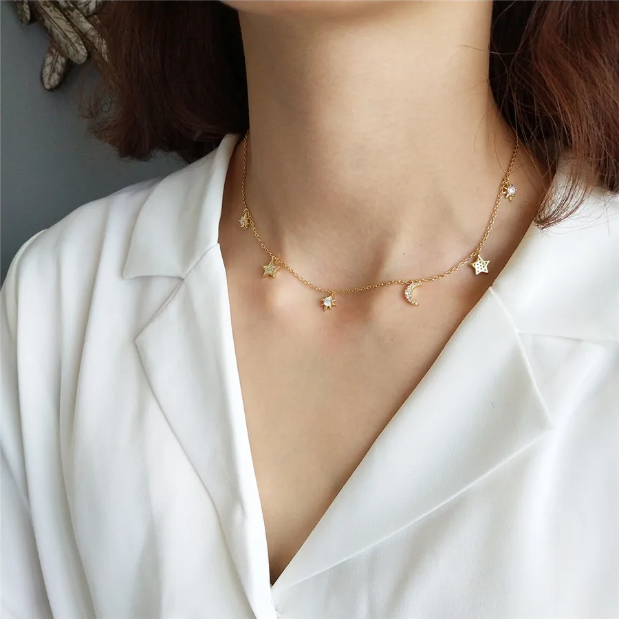

Martick Women Sexy Layer Bling Cubic Romantic Moon Star Drop Charm 925 Silver Chocker Necklace Europe Brand Bijoux GSN16