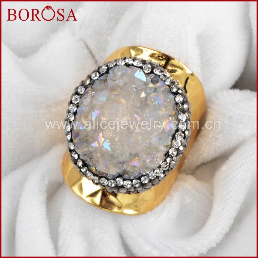 Модная Друза borosa bang кольцо Круглый натуральный кристалл Druzy Titanium AB geode stone pave cz на