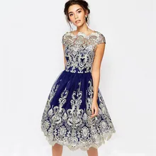 Vintage Hollow Out Mesh Embroidery Tutu Dress Female Knee Length Navy Blue Evenig Dress Party Gown Slash Neck A Line Dress navy crew neck jacquard a line dress