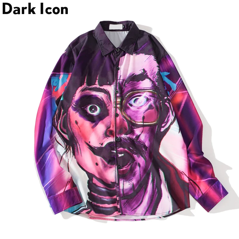 

Dark Icon Half Face Printing High Street Style Shirts 2019 Spring Autumn Oversized Mens Shirts Streetwear Hip Hop Shirts Male
